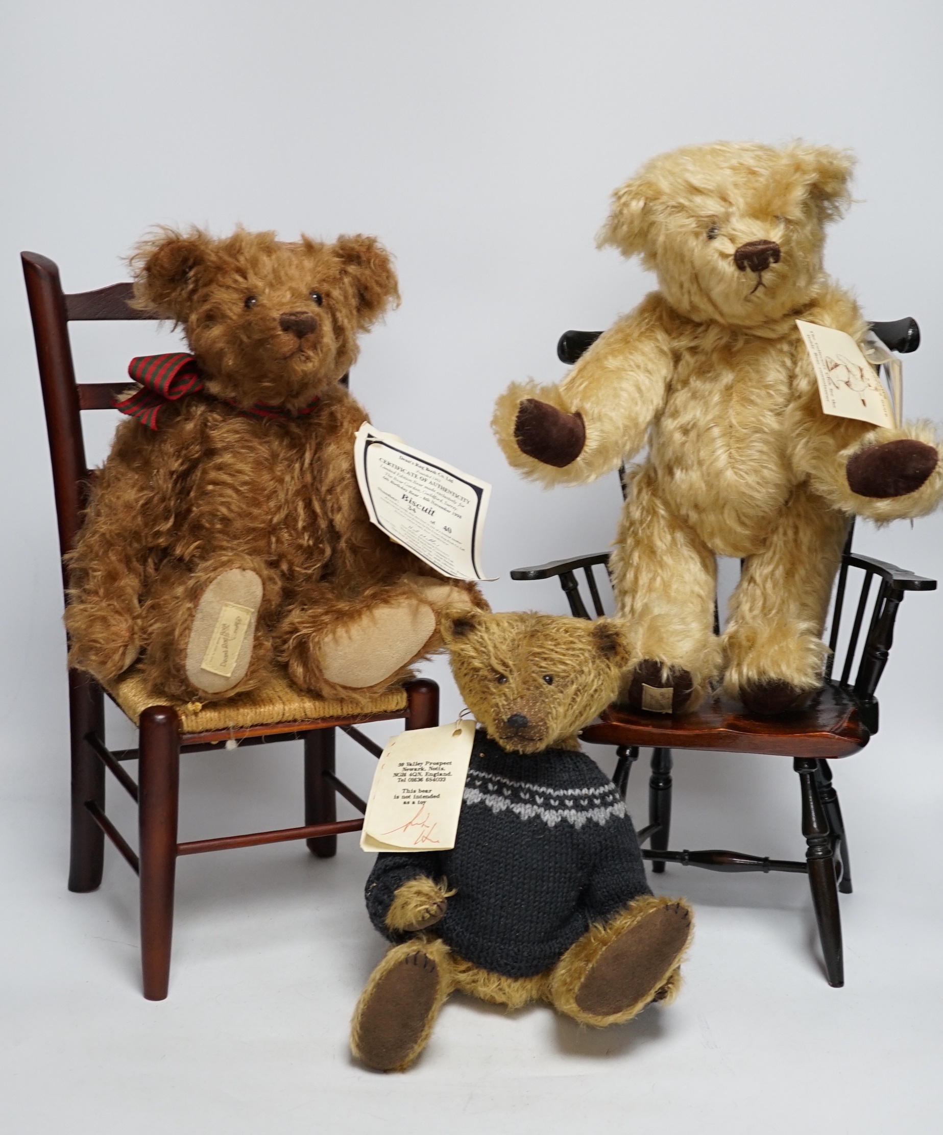 Two Steiff yellow tag animals 'Toky' black panther and Kosen goat, two teddy bear chairs, two straw hats for bears and four bears